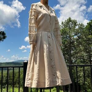 Vintage 50s Carlye Linen Cutout Tassel Full Skirt Midi Dress Moygashel